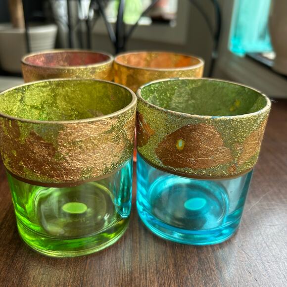 Set of 4 Colored Glass Boho Votive Holders  w/ Gold Foil Band elements - Picture 4 of 11